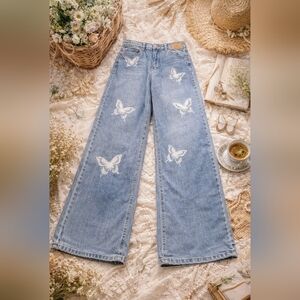 Organic Blue Butterfly Embroidered Wide Leg Jeans Size 9/29 Fairy Cottagecore